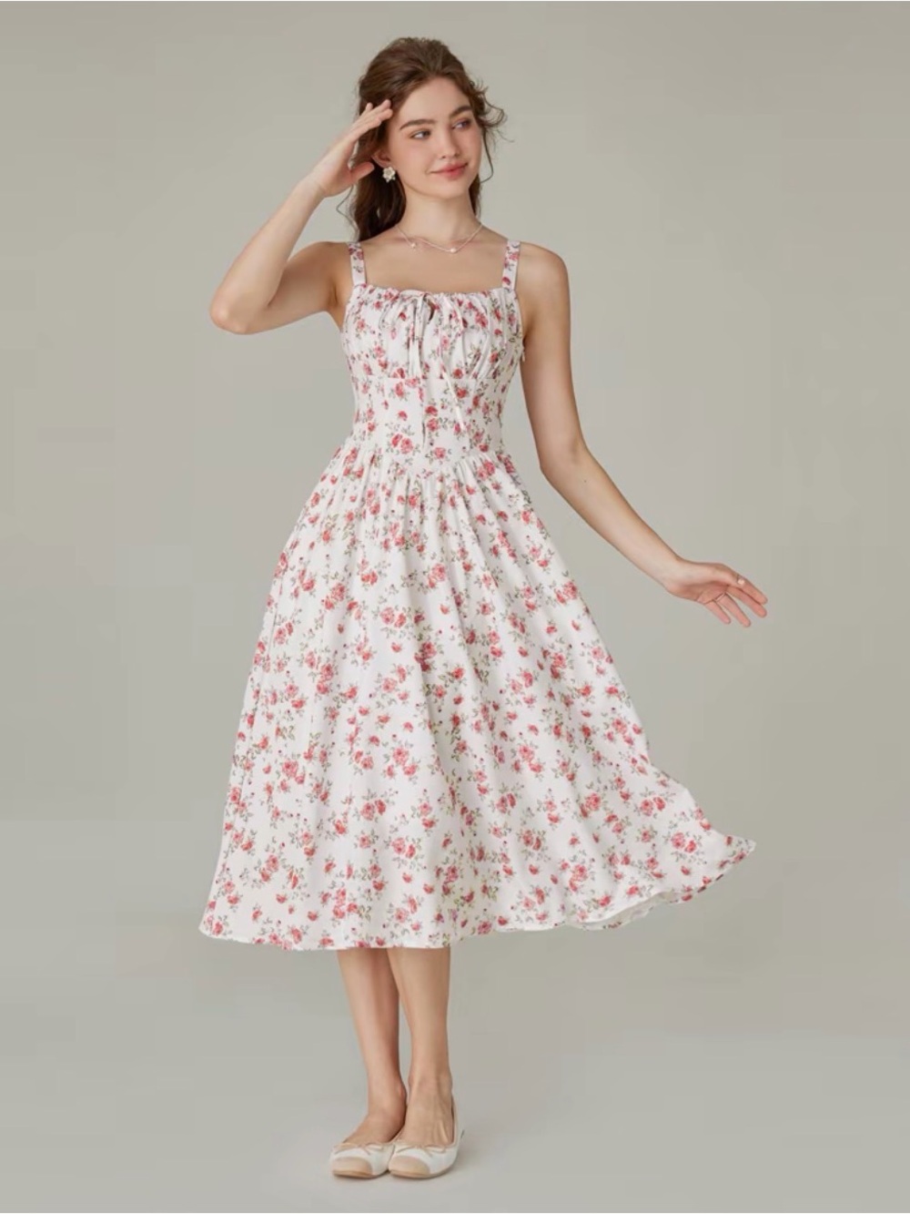Grace Karin White Midi Dress with Pink Floral Pattern